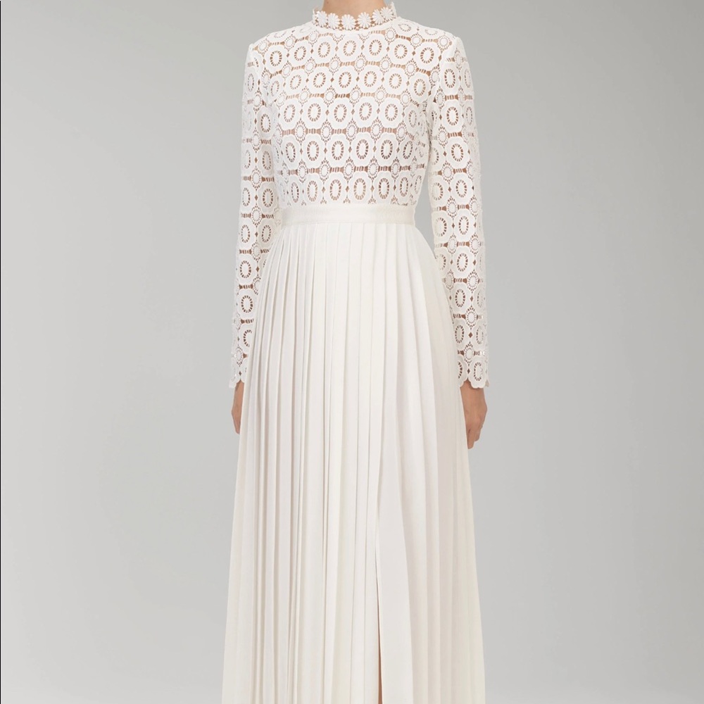 Self Portrait Pleated Crochet Floral Maxi Dress